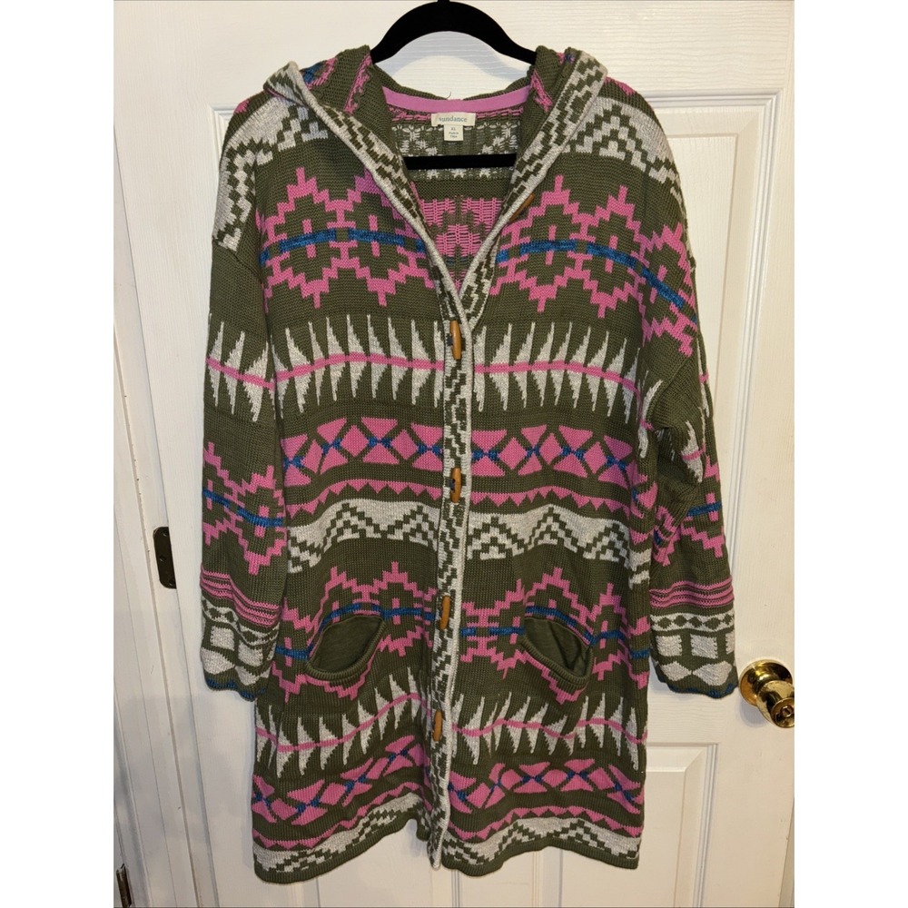 Sundance XL Thunder Basin Long Cardigan Hooded Aztec Toggle Coatigan Green Pink